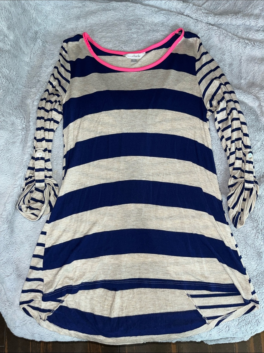 Charming Charlie small Navy, Cream striped top with pink collar